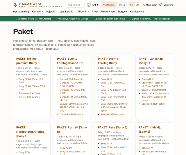 Sidan Paket: färdiga kit för bröllop, event, landskap, nyfödd, porträtt, resa och vilda djur, vart och ett med dygnspris och en lista på exakt vilka produkter som ingår.