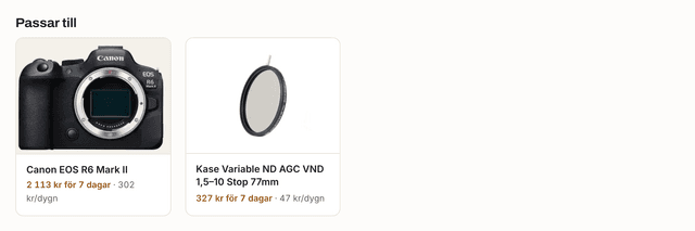 Avsnittet Passar till på en produktsida: ett kamerahus och ett ND-filter som passar det objektiv sidan handlar om, båda med veckopris och dygnspris.