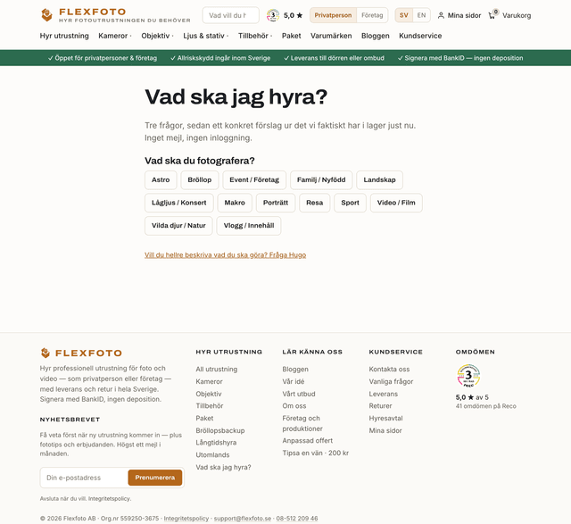 Guiden Vad ska jag hyra? med elva knappar för vad du ska fotografera: astro, bröllop, event, familj, landskap, lågljus, makro, porträtt, resa, sport, video, vilda djur och vlogg.