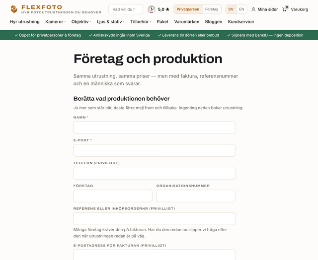 Sidan för företagshyra på flexfoto.se, med priser exklusive moms och fakturabetalning.