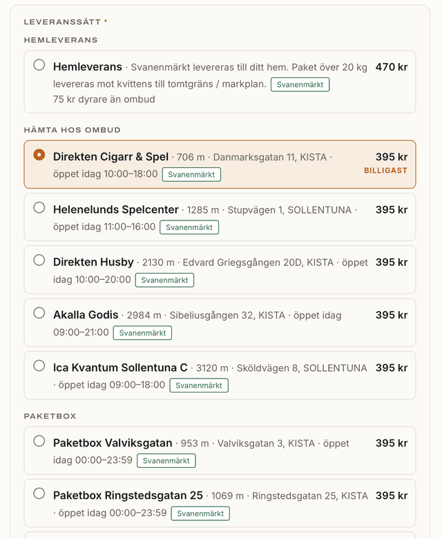 This image displays a checkout interface in Swedish for selecting a delivery method.
