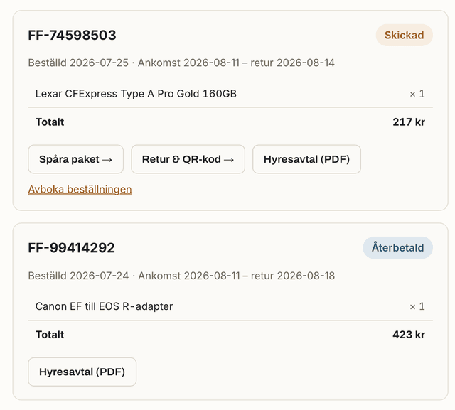 This image displays two order summaries from Flexfoto.