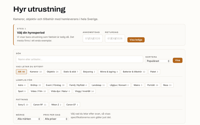 A screenshot showing a search and filter interface. The interface includes a date picker for rental periods, a search bar, and category filters for equipment like cameras, lenses, and lighting, as well as use-case filters like weddings, sports, and wildlife.