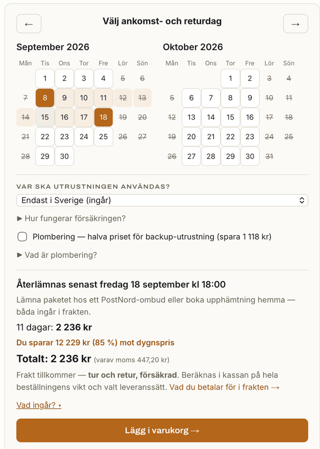 A screenshot of a rental booking interface in Swedish, showing a calendar for September and October 2026 with September 8th selected as the start date and September 18th as the return date.